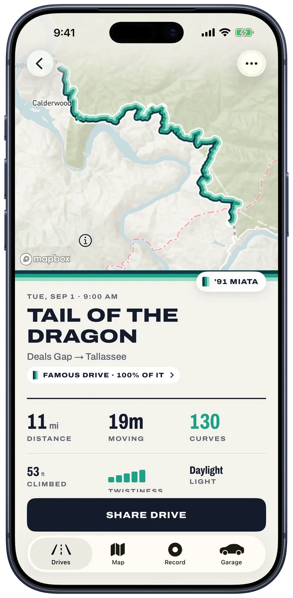 Tail of the Dragon drive with distance, moving time and curves