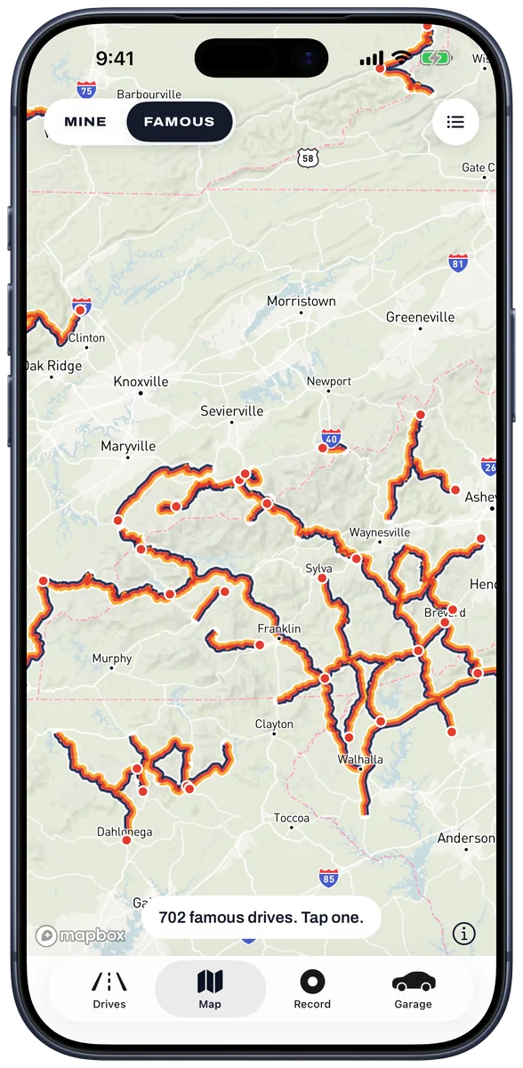 Map of famous driving roads in the Smoky Mountains