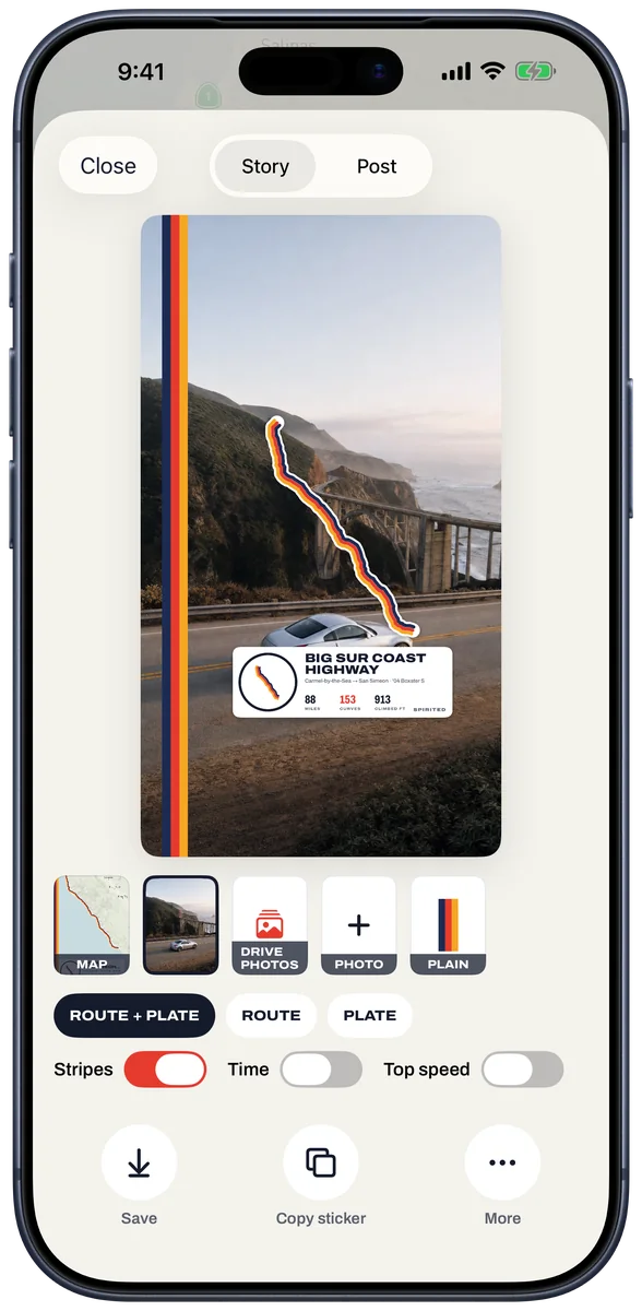 Share screen with the route sticker on a coastal photo